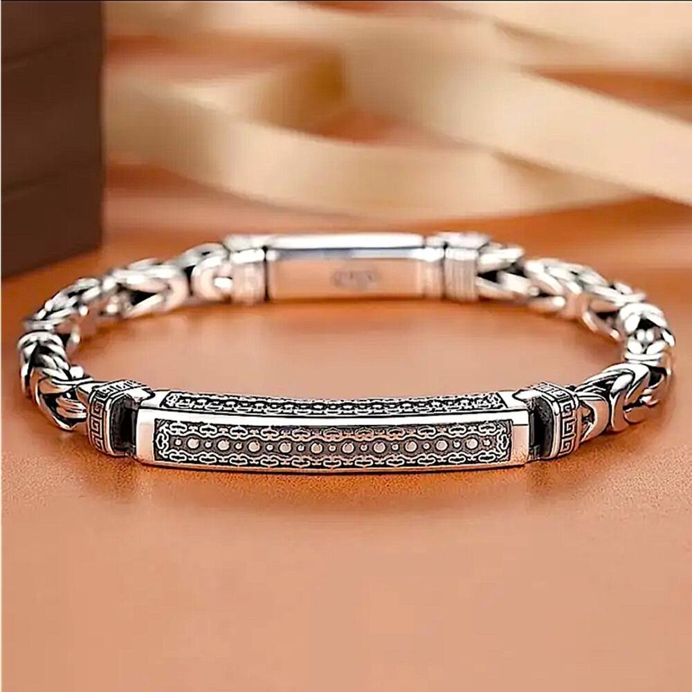 Stainless Steel Chain Link Bracelet, Mantra, Curb Hand Woven Engraved